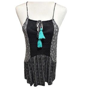 Maurice Black and White  Tank Top with Turquoise Tassels, Soft, Stretchy, Size L